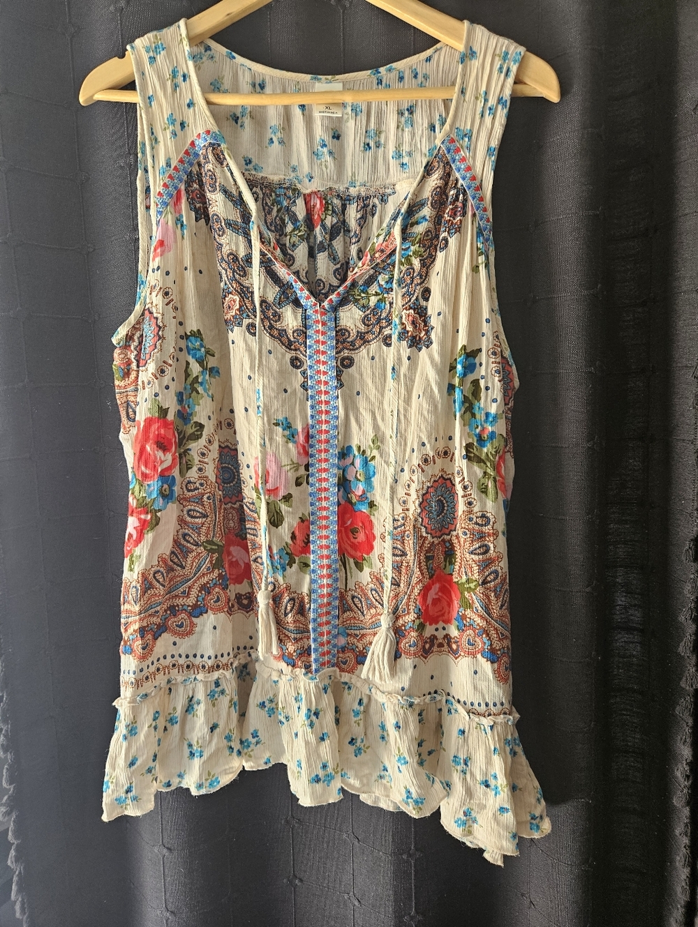 Bila Floral Paisley Boho Sleeveless Ruffle Blouse - Picture 3 of 11